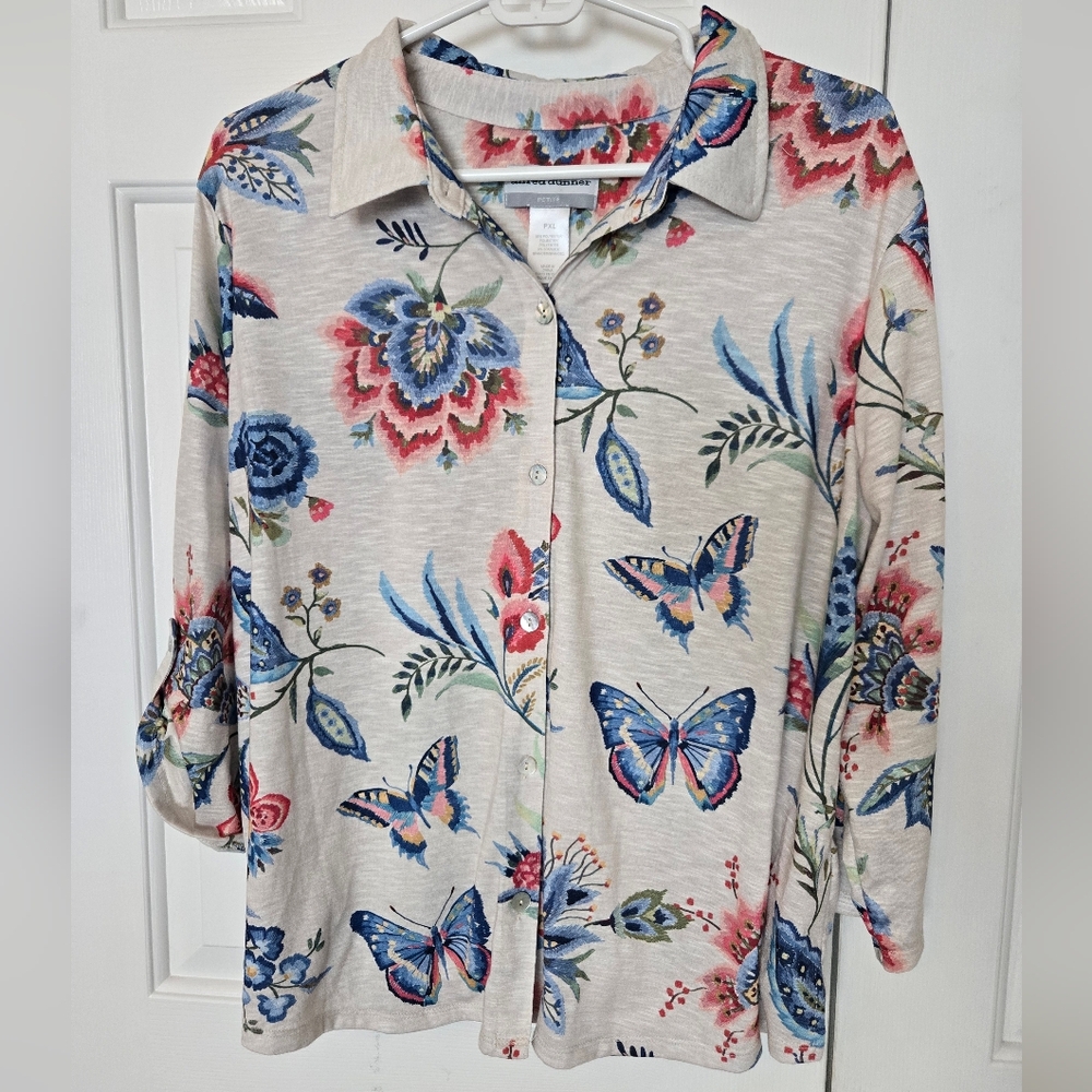 Alfred Dunner Button Floral Butterfly Print Petite Collard Button Tab Size XL
